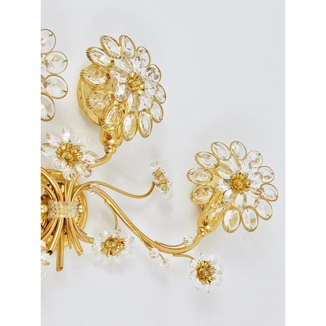 Large Gilt Brass & Crystals Flower Wall Light from Palwa, 1970s For Sale - Image 13 of 15