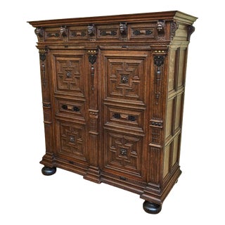 Flemish Renaissance Oak Cabinet with Carvings For Sale