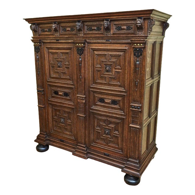 Flemish Renaissance Oak Cabinet with Carvings For Sale