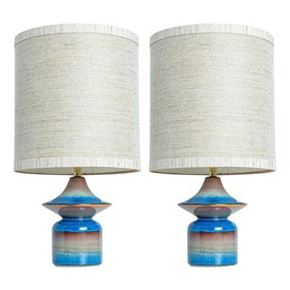 Blue Ceramic Table Lamps with Silk Lampshades from Soholm, Denmark, 1960s, Set of 2 For Sale