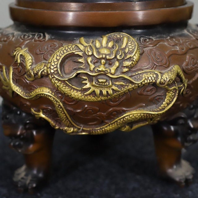 Large Vintage Gilt Bronze Tripod Censer With Dragon and Beast Motifs For Sale - Image 10 of 10