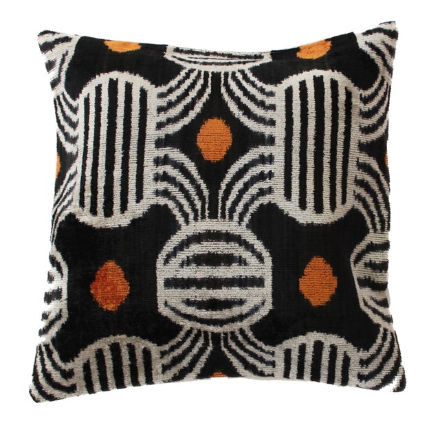 Black Contemporary Velvet Ikat Bohemian Throw Pillow For Sale - Image 8 of 8