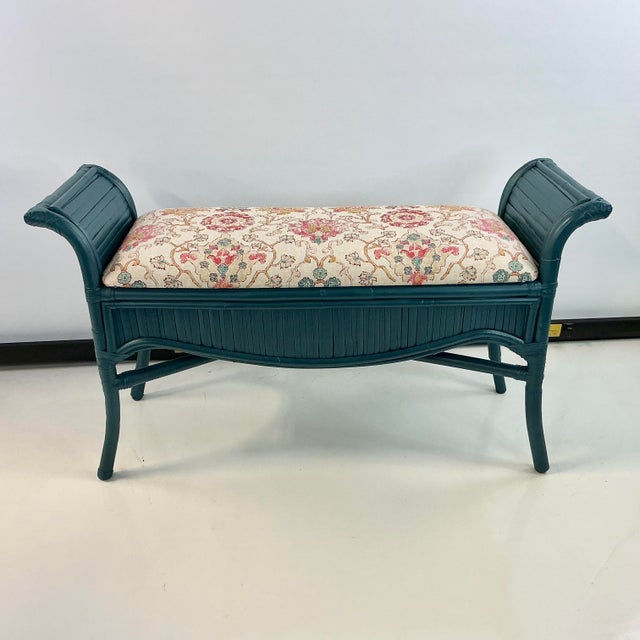 Mid 20th Century Mid-Century Boho Chic Coastal Bamboo Bench - Newly Upholstered in Ikat Linen For Sale - Image 5 of 18