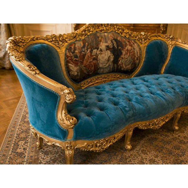 1900s French Louis XVI Blue/Green/Teal Velvet Sofa Set-5 Pc For Sale - Image 12 of 18