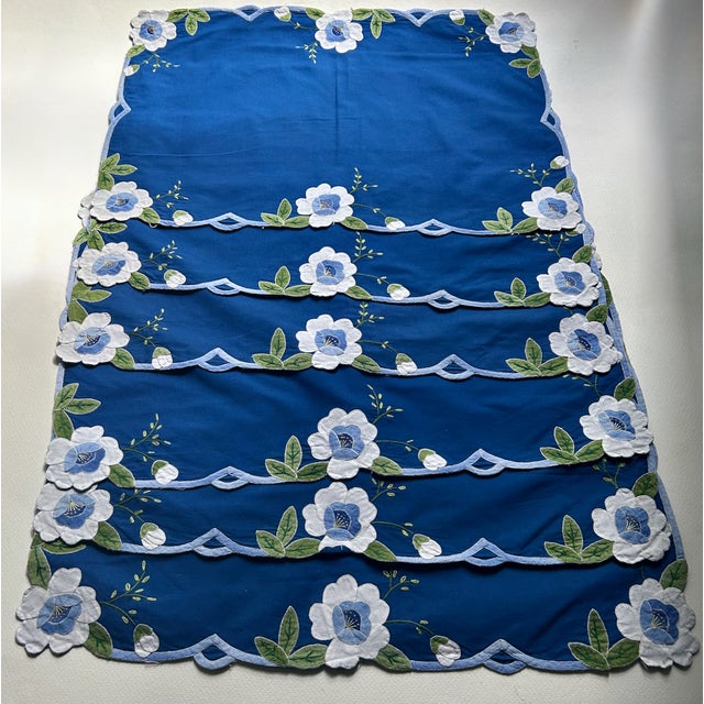 Vintage Set of Six European Royal Blue Cotton and Linen Placemats with hand-embroidered floral appliqués and scalloped...