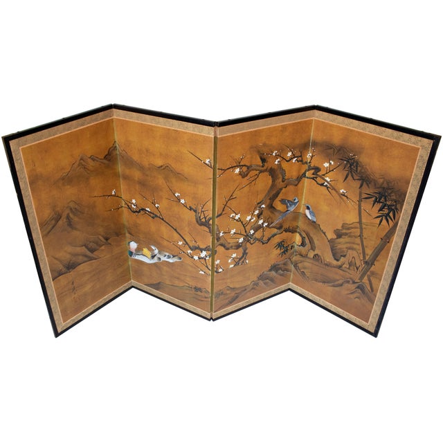1970s "Ancient Plum Blossoms and Mandarin Ducks" by Yukiga, 1970s Japanese Byobu Screen For Sale - Image 5 of 18