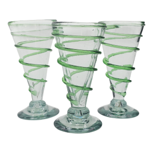 Hand Blown Mexican Art Glass Goblets – Green Swirl Iced Tea Glasses, Set of 3