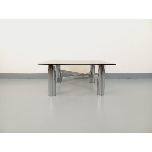 1970s Vintage Italian Space Age Square Coffee Table in Smoked Glass and Chromed Metal, 1970s For Sale - Image 5 of 18