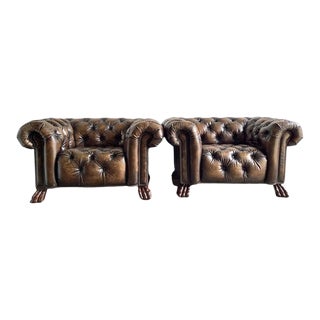 Pair of English Chesterfield Style Armchairs With Lion’s Paw Feet For Sale