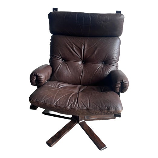Vintage Scandinavian Leather Swivel Lounge Chair, 1970s For Sale
