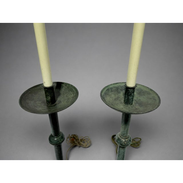 Metal Pair of Mid-20th Century Bronzed Verdigris Candlestick Table Lamps For Sale - Image 7 of 9