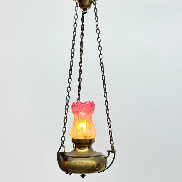 American Early 1900’s Brass Fixture With Pink Iridescent Ruffled Shade For Sale - Image 3 of 5