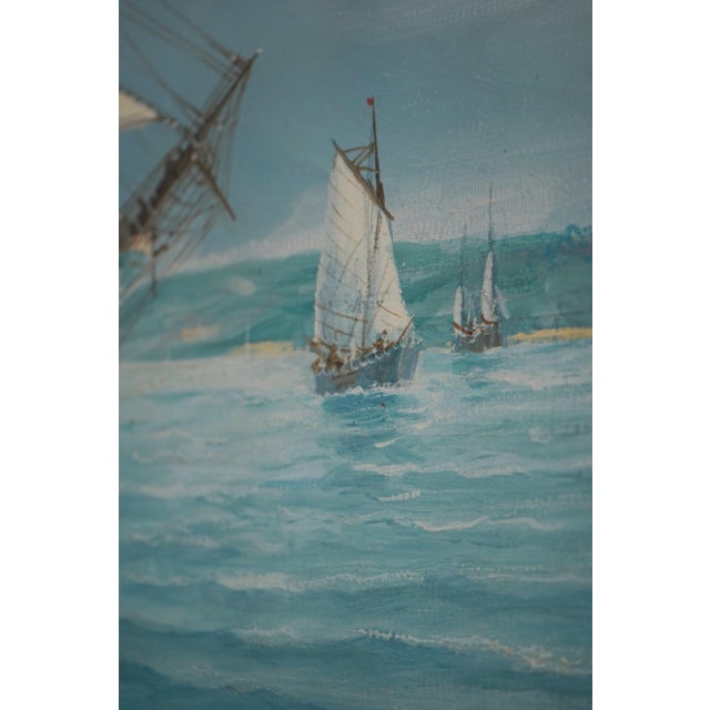 Paint Vintage Tall Sailing Ships Oil Painting on Canvas of Chesapeake Bay Signed For Sale - Image 7 of 12