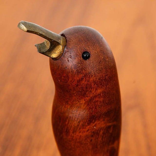 Brown Vintage Mid Century Danish Modern Bottle Opener Solid Teak Bird Brass Figurine For Sale - Image 8 of 10
