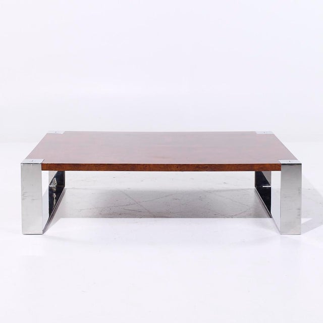 Ralph Lauren Mid Century Burlwood and Stainless Steel Cocktail Coffee Table This coffee table measures: 54 wide x 40 deep...
