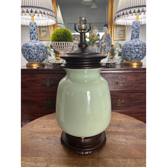 Ceramic Mid 20th Century Large Scale Soft Green Ginger Jar Lamps by Haegar, a Pair For Sale - Image 7 of 8