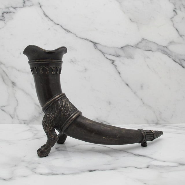 Metal Decorative Bronze Lion Foot Drinking Horn Rhyton Vase Cornucopia Vessel Pair For Sale - Image 7 of 14
