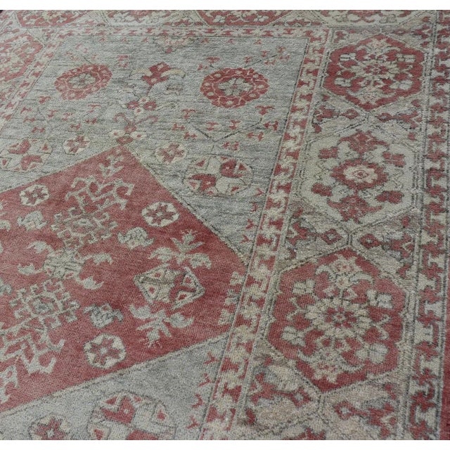 Modern Khotan Rug in Wool With Medallion Design in Light Blue and Coral For Sale In Atlanta - Image 6 of 13