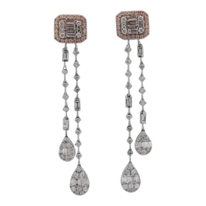 14k White & Rose Gold Invisible Cluster Set Diamond Two Strand Dangle Earrings - 2 Pieces