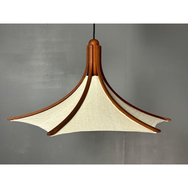 Teak and Linen Umbrella Pendant Lamp attributed to Domus, 1970s For Sale - Image 4 of 15