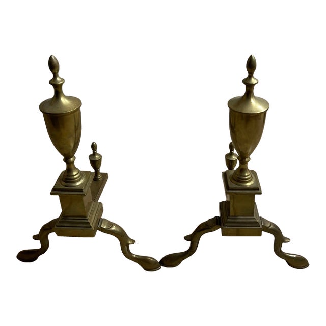 Vintage Pair of Victorian Queen Anne Style Polished Brass Andirons For Sale