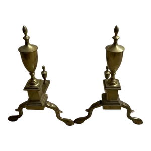 Vintage Pair of Victorian Queen Anne Style Polished Brass Andirons