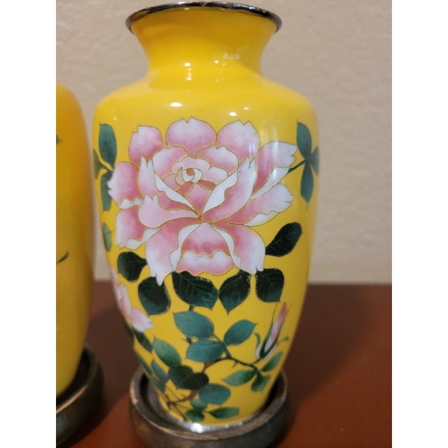 Yellow Pair of Japanese Yellow Cloisonne Enamel Vases /W Flower Design & Silver Rims For Sale - Image 8 of 8
