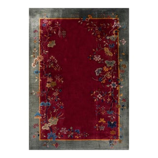 1920s Raspberry Red Floral Antique Chinese Art Deco Carpet 6' X 8'8'' Knotted Wool Rug For Sale
