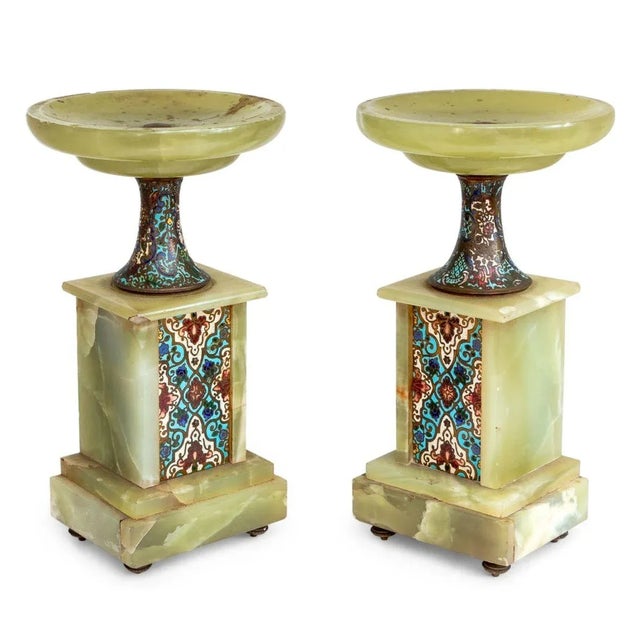 Pair of French Onyx and Champleve Enamel Tazze, early 20th century, each of typical form, with enameled stands and panels...