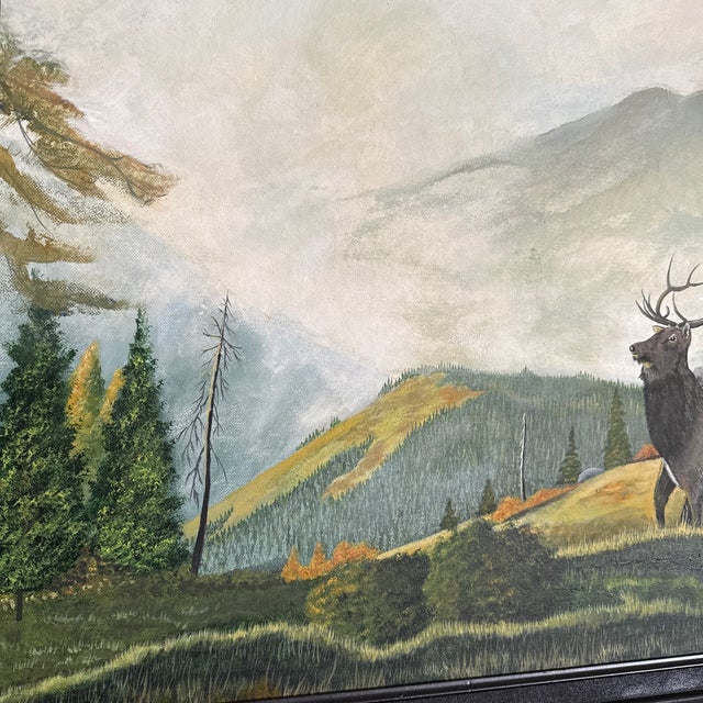 Rustic European Excellent Vintage Original Elk Mountain Landscape Painting. For Sale - Image 3 of 7
