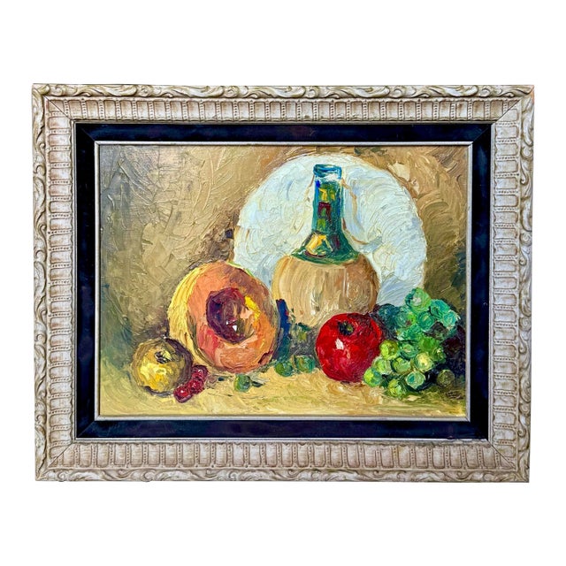 Still Life Oil Painting – Bold Colors, Original Wood Frame Vintage For Sale
