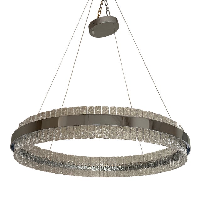Murano Glass "Ice" Chandelier Hammered Clear Glass in Polish Kromo Ring With Strip Led For Sale
