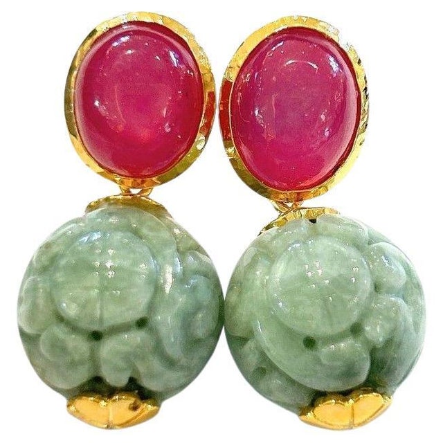 Bochic "Orient" Red Ruby & Carved Vintage Mint Jade Earrings 18K Gold & Silver For Sale - Image 17 of 18
