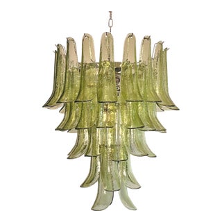 Large Italian Murano Chandelier | 52 Handblown Green Glass Petals, Hollywood Regency Style For Sale