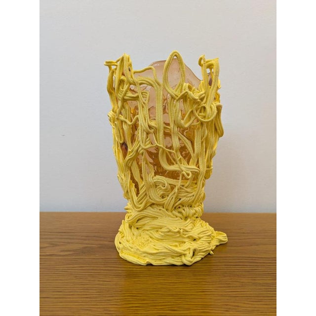 Medium spaghetti special vase in liquid resin, canary yellow in color with a transparent antique pink interior. The vase...