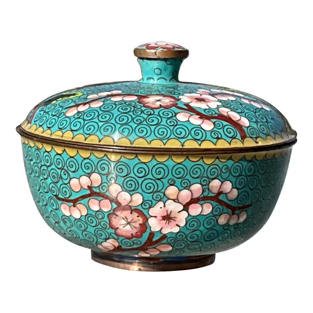 Antique Chinese Cloisonné Enamel Box With Lid Pink Cherry Blossoms With a Turquoise Background 1890-1920 For Sale