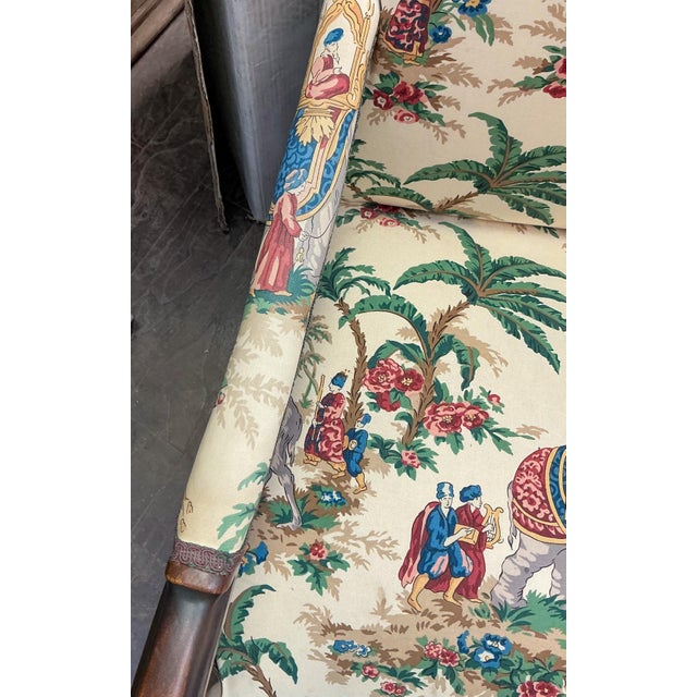 1930s Large Scale Carved Oak Arm Chair in Chinoiserie Palm Toile For Sale - Image 4 of 8