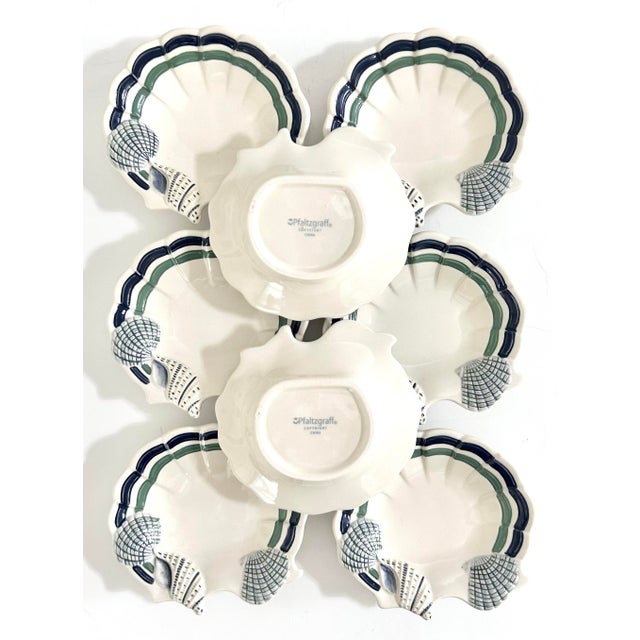 Late 20th Century Vintage Coastal Shell Dishes Nautical Appetizer Plates, Blue Green Scallop Edge Seafood Serveware - Set of 8 For Sale - Image 5 of 10