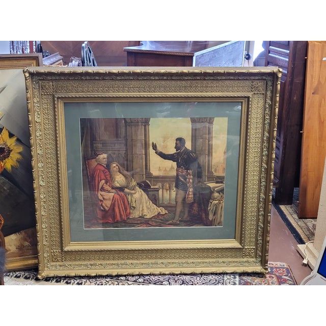 Fine antique stone lithograph in a large Gothic gilt plaster frame. The framed work measures 44 inches wide by 38 inches...