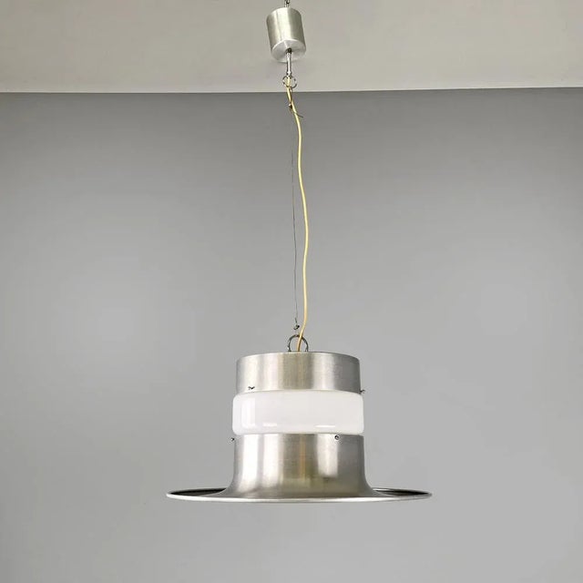 Italian Modern Round Base Pendant in Aluminum with White Glass Band, 1970s For Sale - Image 3 of 18