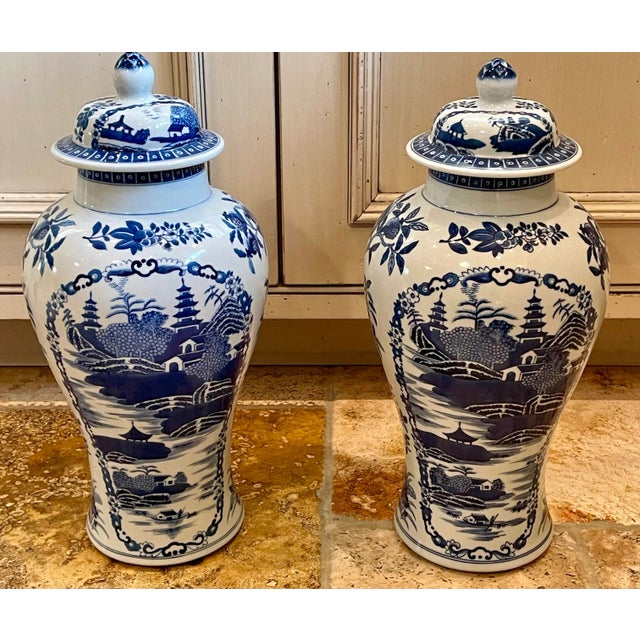 Mid 20th Century Chinese Blue & White Baluster Jars, Set of 2 For Sale - Image 5 of 5