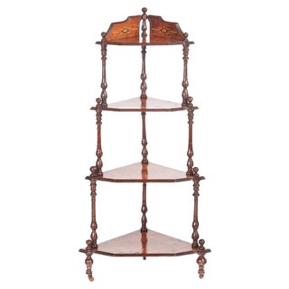 Antique Victorian Inlaid Burr Walnut 4-Tier Corner Shelving For Sale