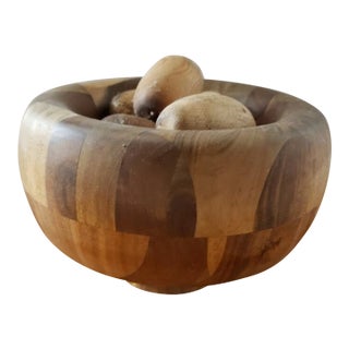 Handmade Short Wooden Pedestal Bowl With Six Wooden Eggs For Sale