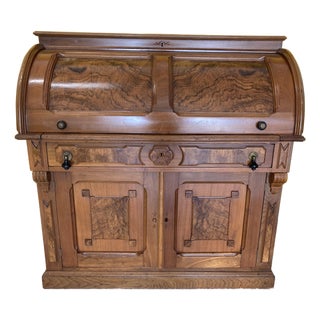 Antique Eastlake Victorian Burlwood Roll Top Desk For Sale