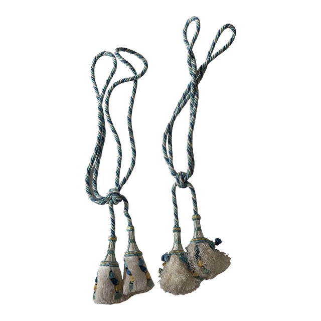 Set of 2 Dark and Medium Blue, Yellow and White Tassel Tie-Backs From Brunschwig & Fils, 1980s For Sale