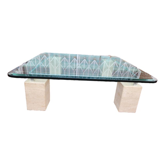 1970's Travertine Vases With Glass Top Coffee Table For Sale