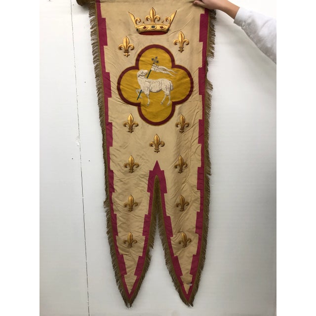 Antique hand-decorated ornamental French silk flag with rod. A great statement piece for framing. Dims: 29" W x 3" W x 72" H.