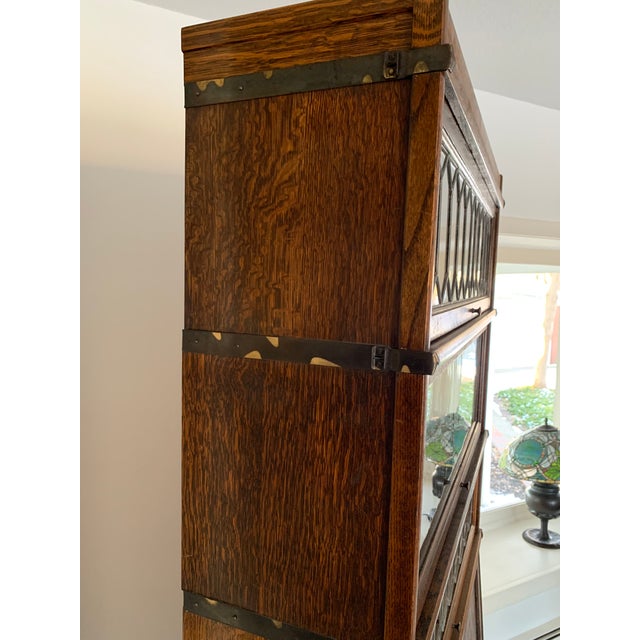 Antique Globe Wernicke Barrister Bookcase Quartersawn Oak W/ Drop Front Secretary Desk + Leaded Glass For Sale - Image 9 of 18