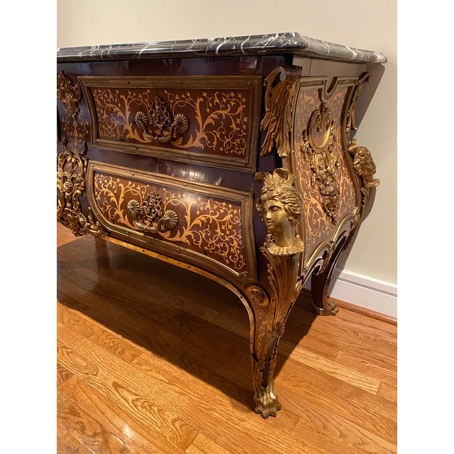 Wood 19th Century Antique Louis XV Style Tortoiseshell Boulle Marquetry Commode Console With Marble Top For Sale - Image 7 of 11