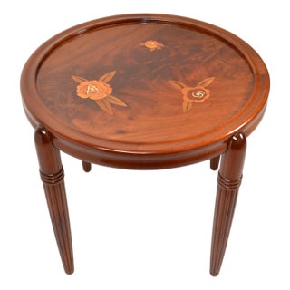 1930s Art Deco French Jules Leleu Style Round Inlaid Mahagony Coffee Table Tapered Legs For Sale